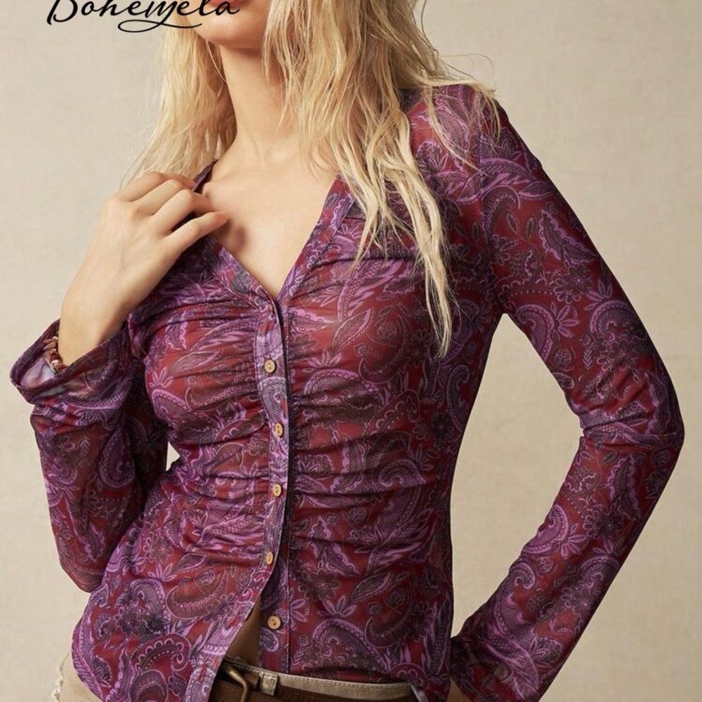 SHEIN Women's Purple Paisley Button Down Shirt
